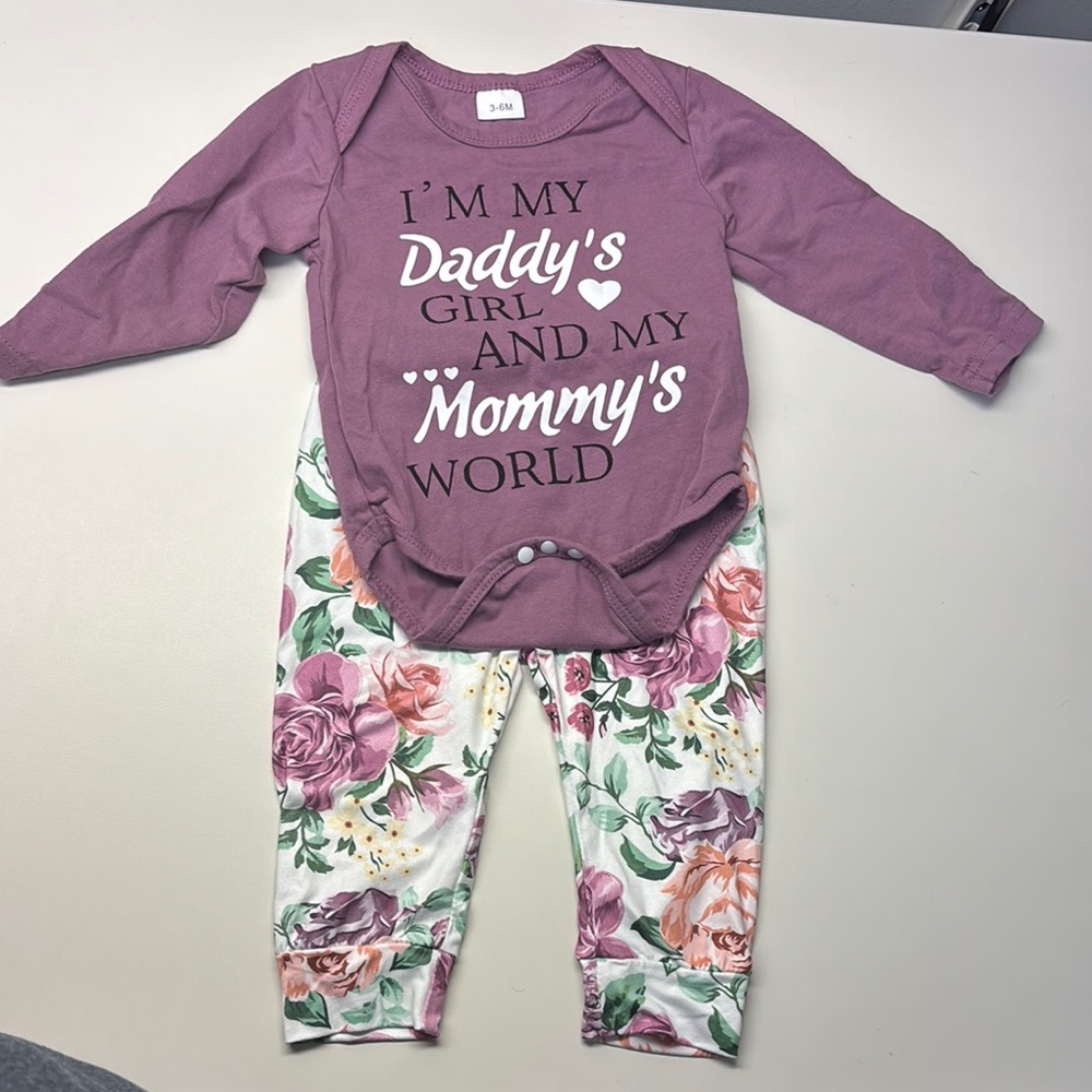 Purple Baby Onesie and Floral Pants Set- 3-6 Month